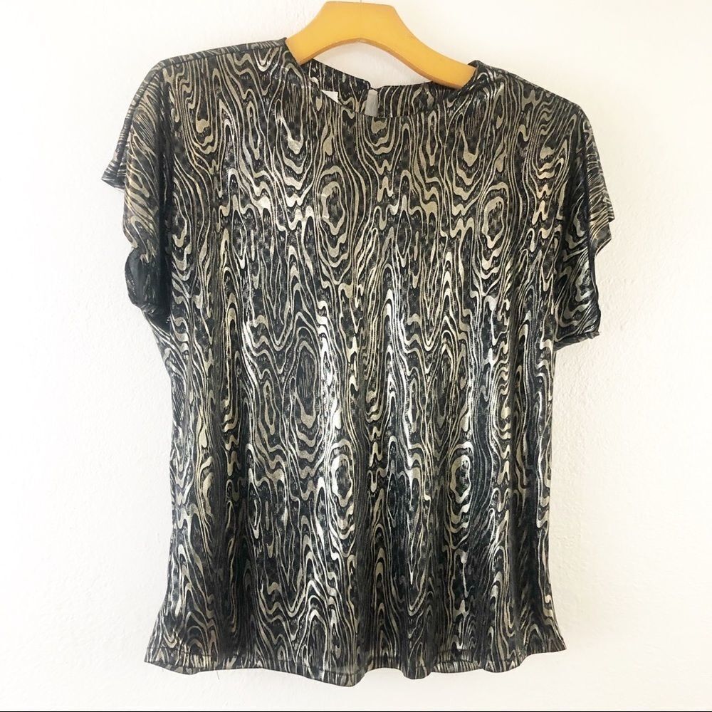 Jeri Marque Foil Printed Padded Shoulder short sleeve blouse size M